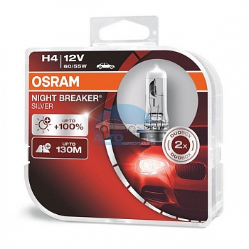 Автолампа OSRAM H4 12V 60/55W P43t +100% Night Breaker Silver (64193NBS), EUROBOX-2шт