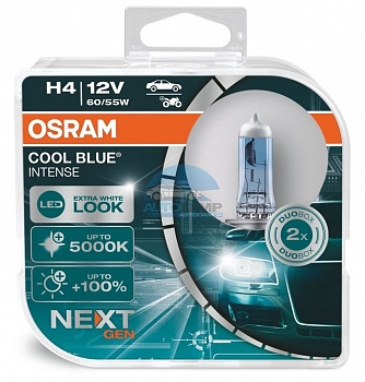 Автолампа OSRAM H4 12V 60/55W P43t +100%  Cool Blue Intense Next Generation (64193CBN), EUROBOX-2шт