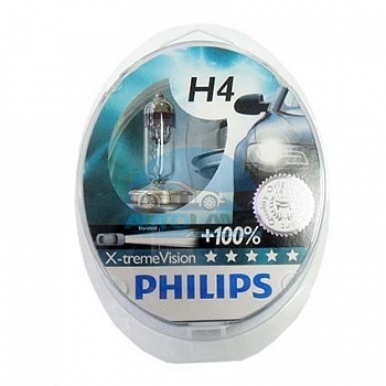 Автолампа PHILIPS H4 12V 60/55W +100% X-treme Vision (12342XV), EUROBOX-2шт